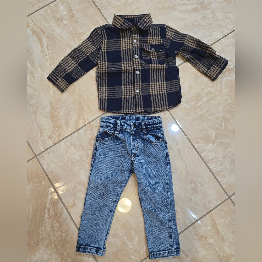 Kids Plaid Shirt and Denim Jeans Set